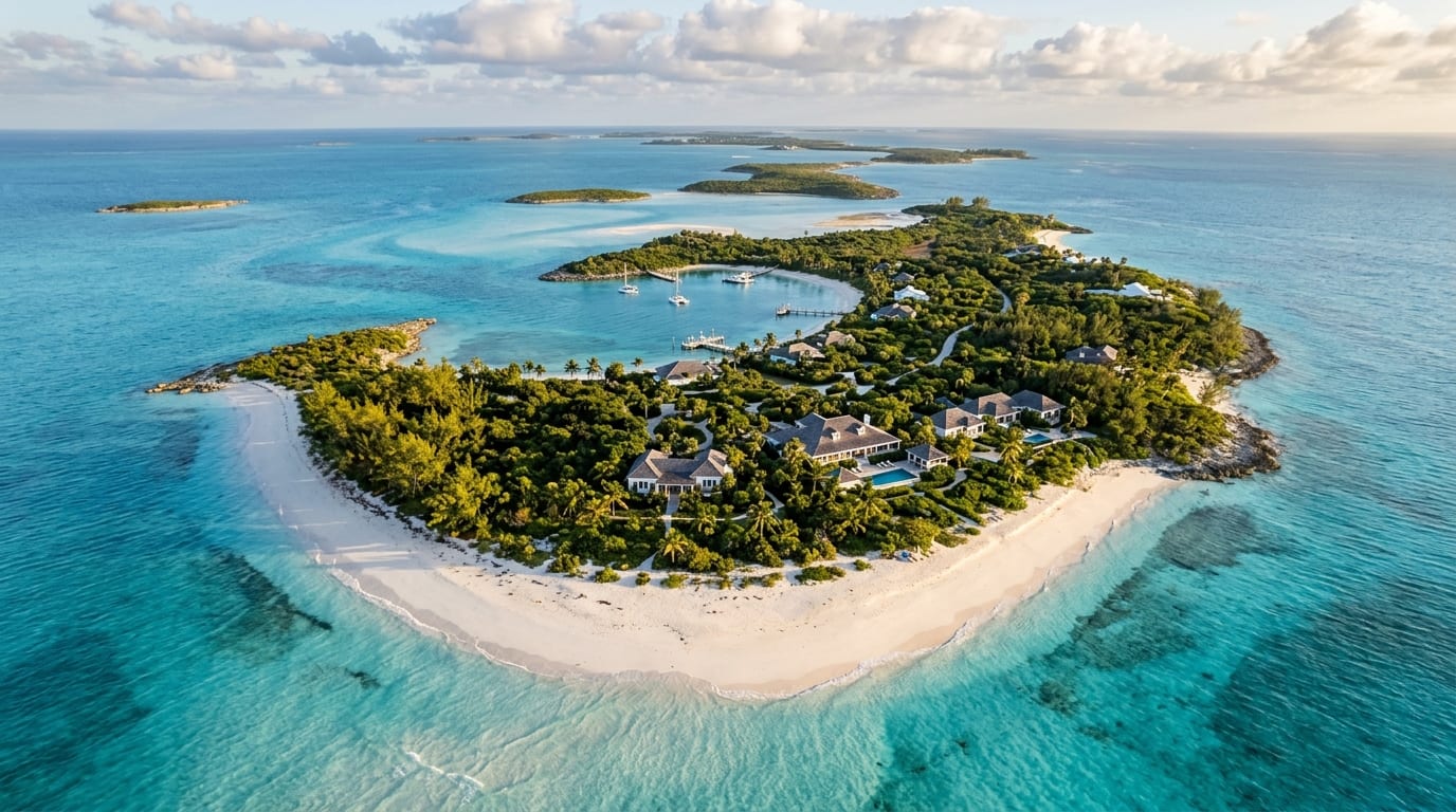 Aerial view of Musha Cay private island with turquoise water and white sand beaches