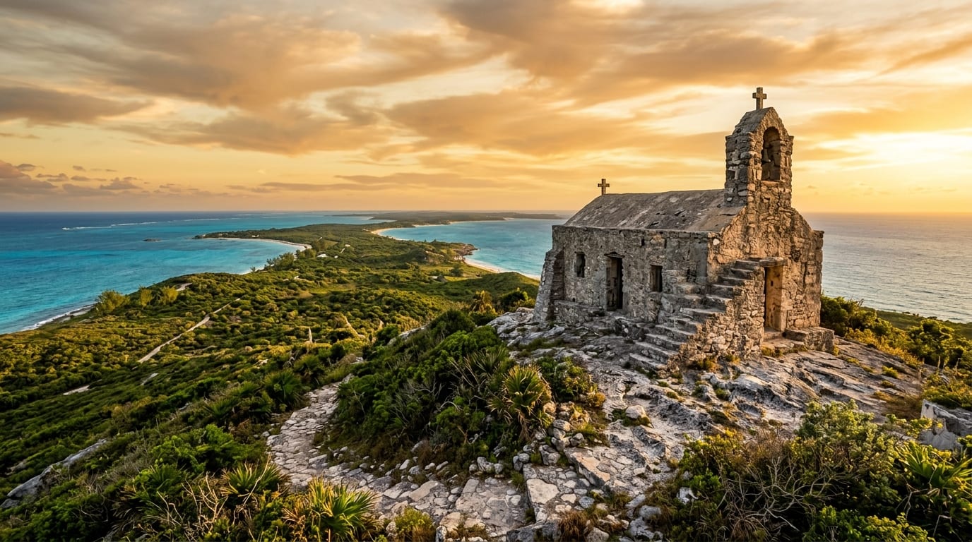 Stone Hermitage monastery perched atop Mount Alvernia with panoramic views of Cat Island stretching to the sea