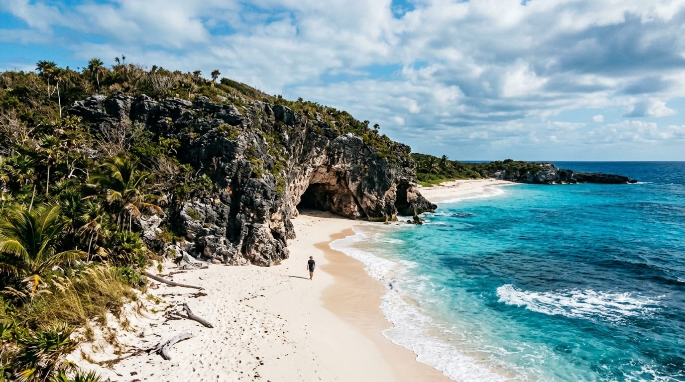 Morgan's Bluff headland at the northern tip of Andros with a crescent beach below and turquoise Bahamian waters stretching to the horizon
