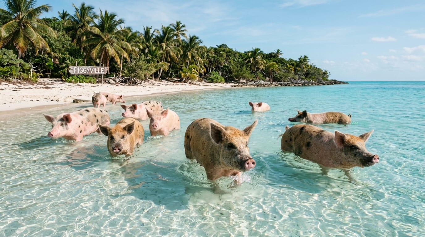 Swimming pigs wading in shallow turquoise water along the sandy beach at No Name Cay in the Abacos, Bahamas