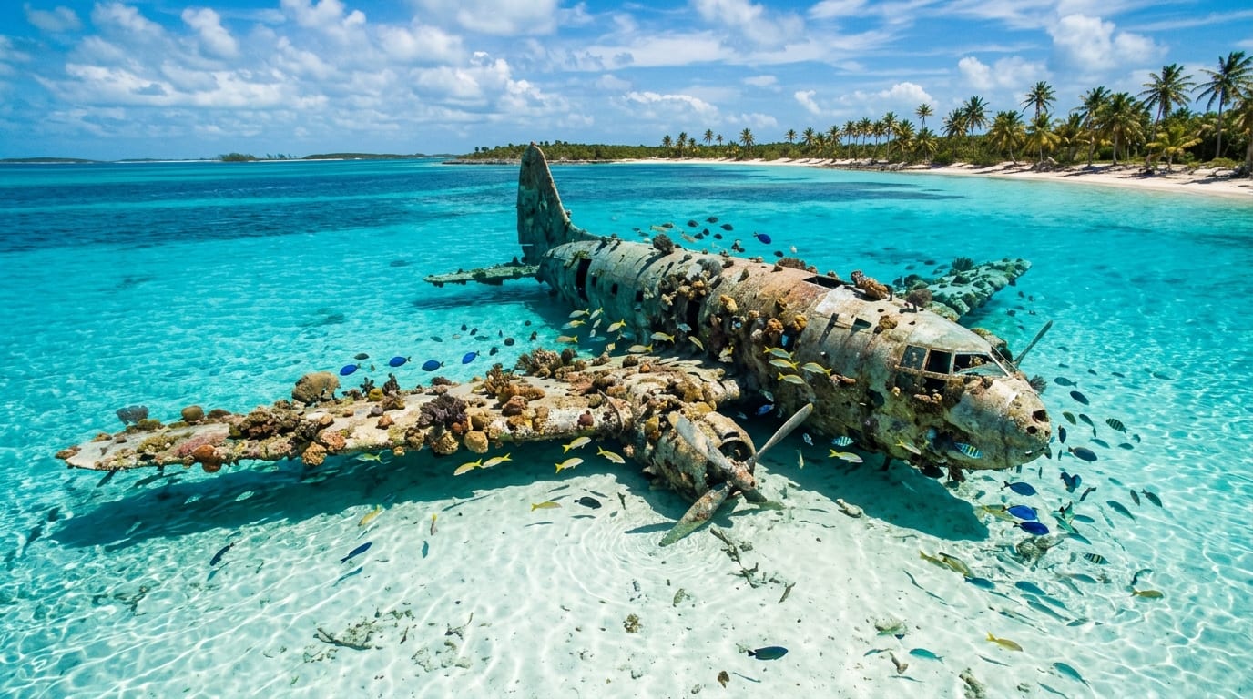 Sunken twin-engine plane wreck in crystal-clear shallow water off Norman's Cay Exuma