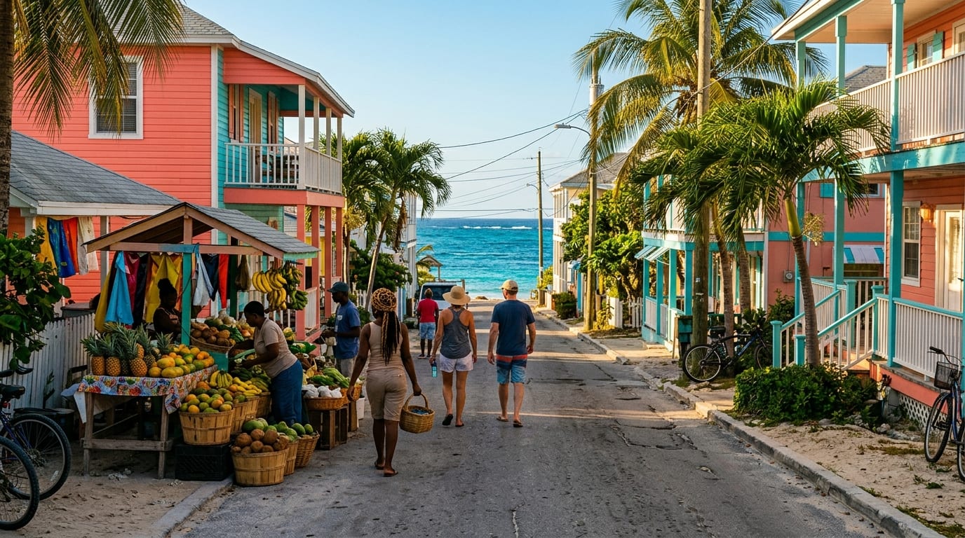 Colorful Bahamian homes and local businesses lining the main road through North Palmetto Point with the Atlantic Ocean visible in the distance