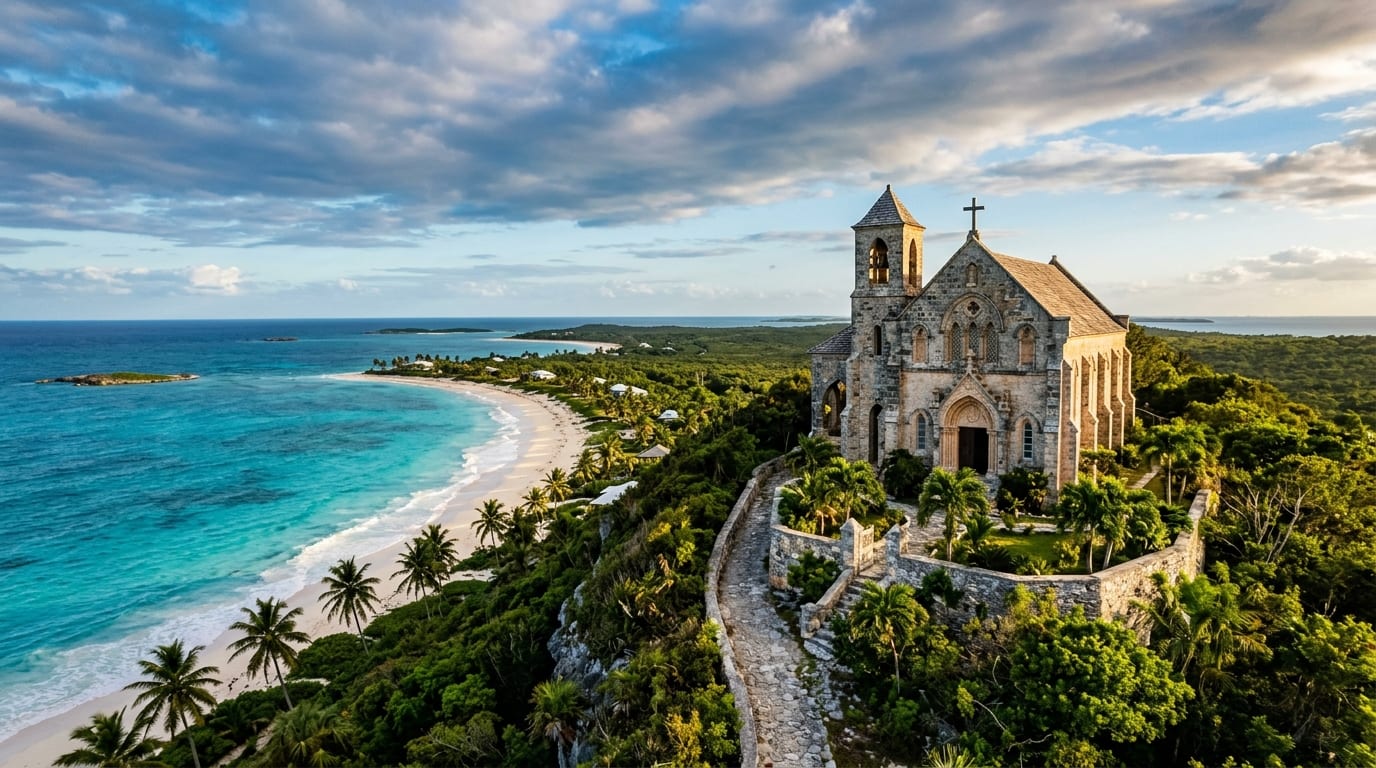 St Francis of Assisi Church in Old Bight Cat Island with Gothic facade and white sand beach in the distance