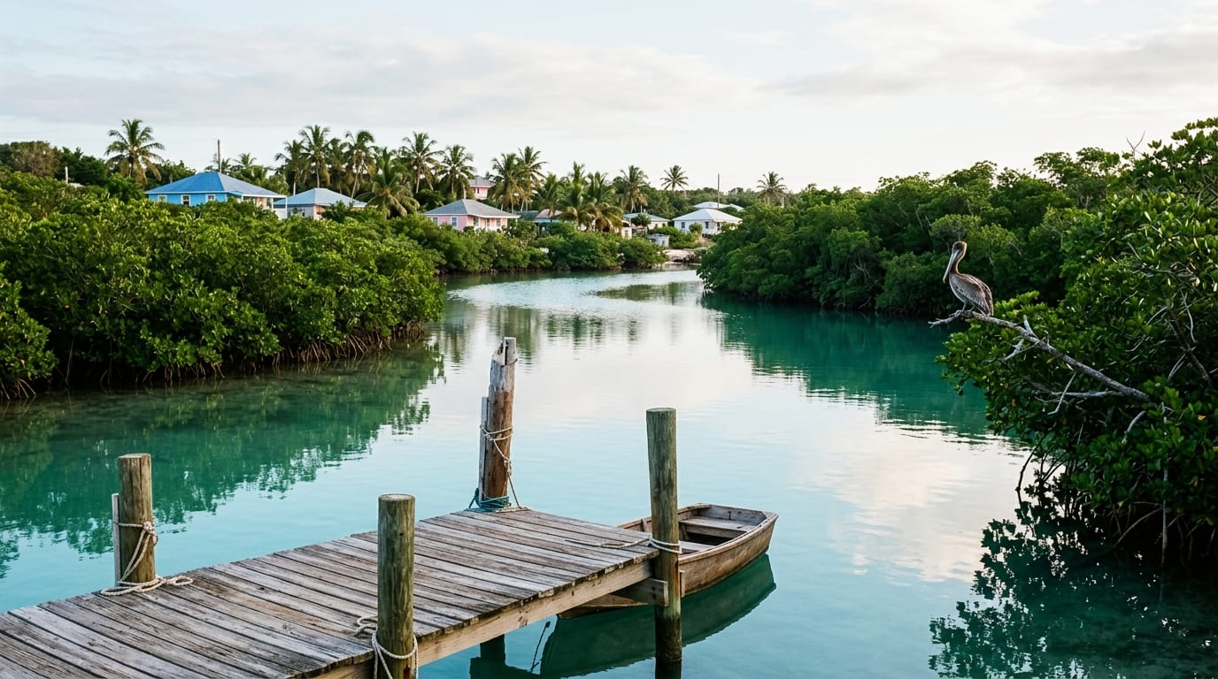 Peaceful mangrove-lined creek in Orange Creek settlement Cat Island Bahamas with clear shallow water