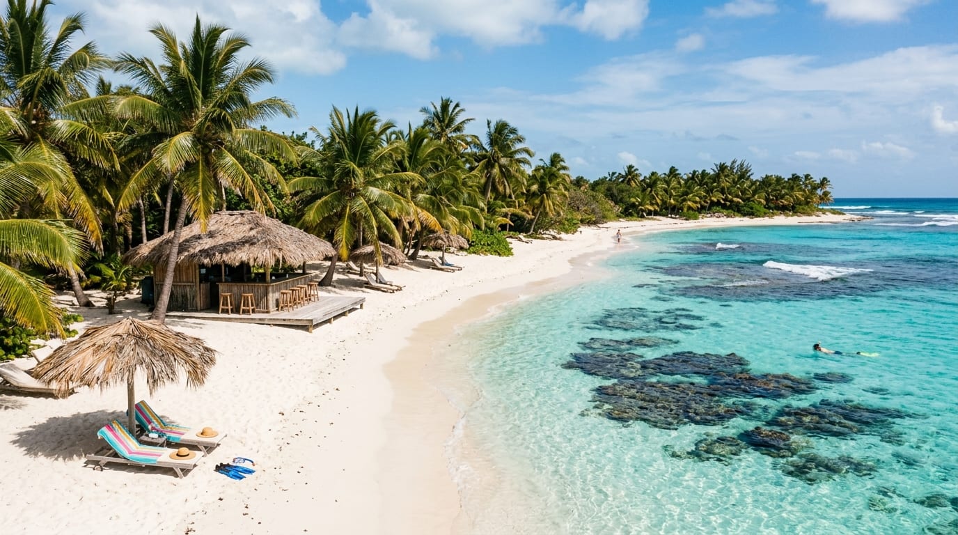White sand beach at Paradise Cove with palm trees and crystal-clear turquoise water revealing reef structures beneath the surface