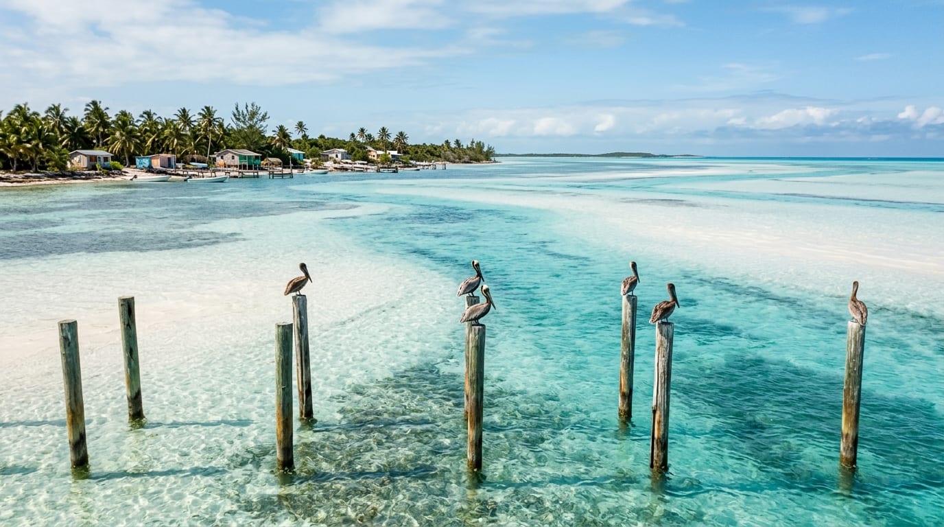 Shallow turquoise bonefishing flats stretching to the horizon at Pelican Point with pelicans visible on the shoreline