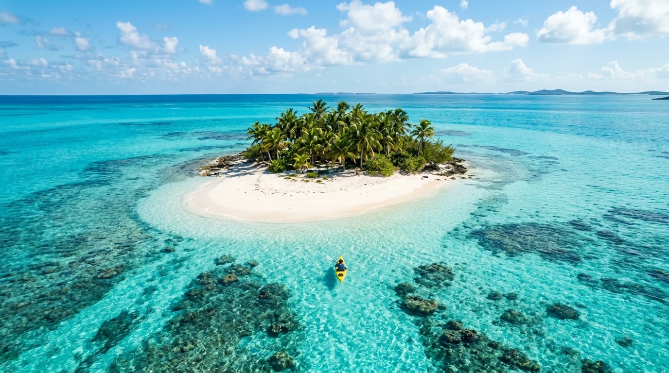 Tiny Peterson Cay rising from turquoise water surrounded by coral reef with kayakers approaching for snorkeling