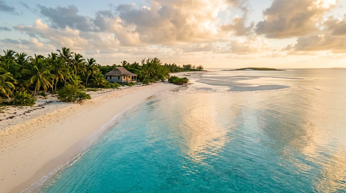 Three-mile white sand beach with calm turquoise flats at Pigeon Cay northern Cat Island Bahamas