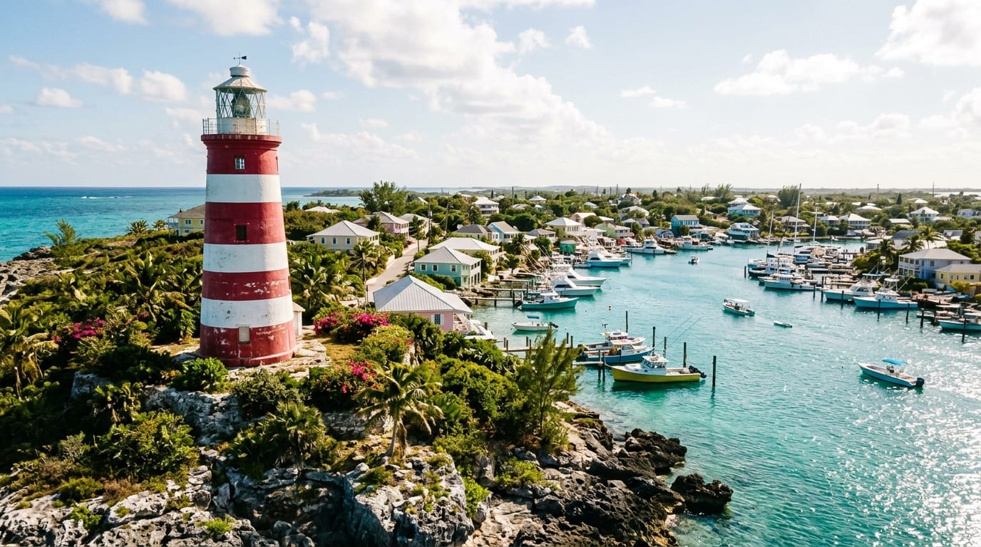 Pinder's Point lighthouse with distinctive red and white horizontal stripes standing against a blue sky on Grand Bahama's coast
