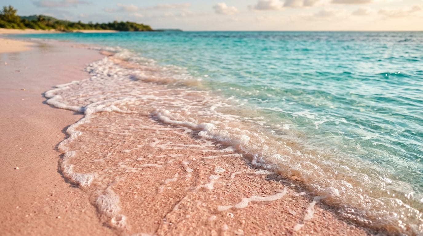 Close view of pink-tinged sand and turquoise Atlantic water at Pink Sands Beach, Harbour Island, Bahamas