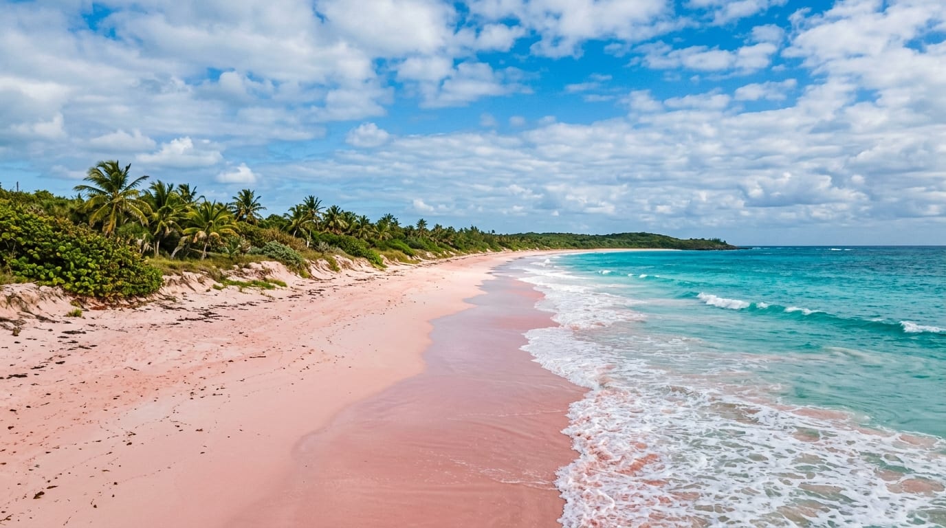 Sweeping view of pink sand beach at Port Howe with waves rolling in from the turquoise Atlantic Ocean