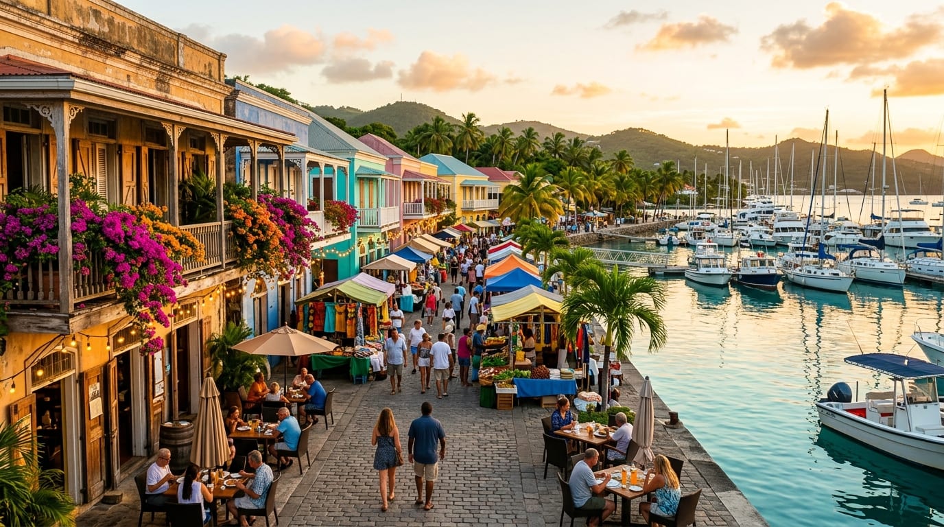 Colourful waterfront shops and palm trees at Port Lucaya Marketplace overlooking the marina and turquoise harbour on Grand Bahama