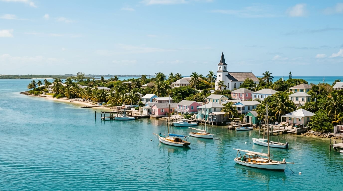 View of Port Nelson settlement on Rum Cay with colorful buildings along the waterfront and turquoise harbor waters