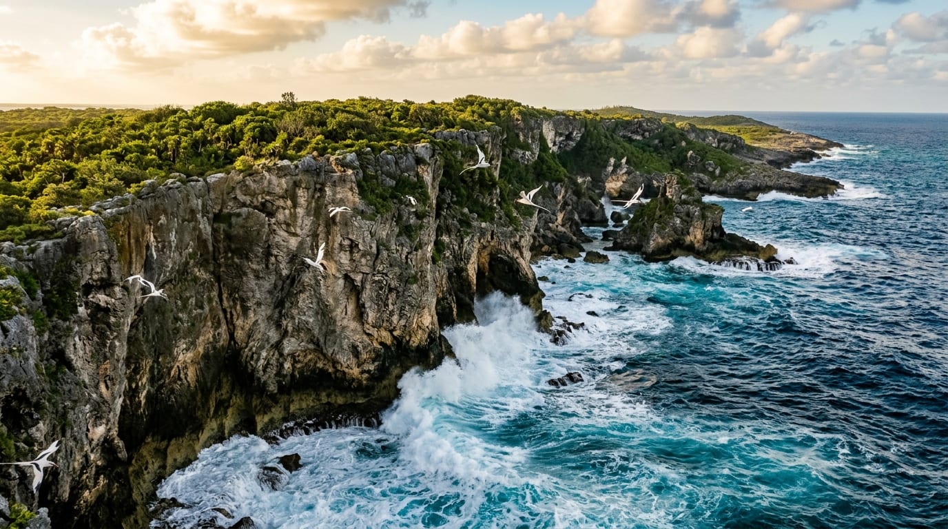 Aerial view of Powell Cay's undeveloped coastline showing white sand beaches meeting turquoise Sea of Abaco waters with forested bluffs rising inland