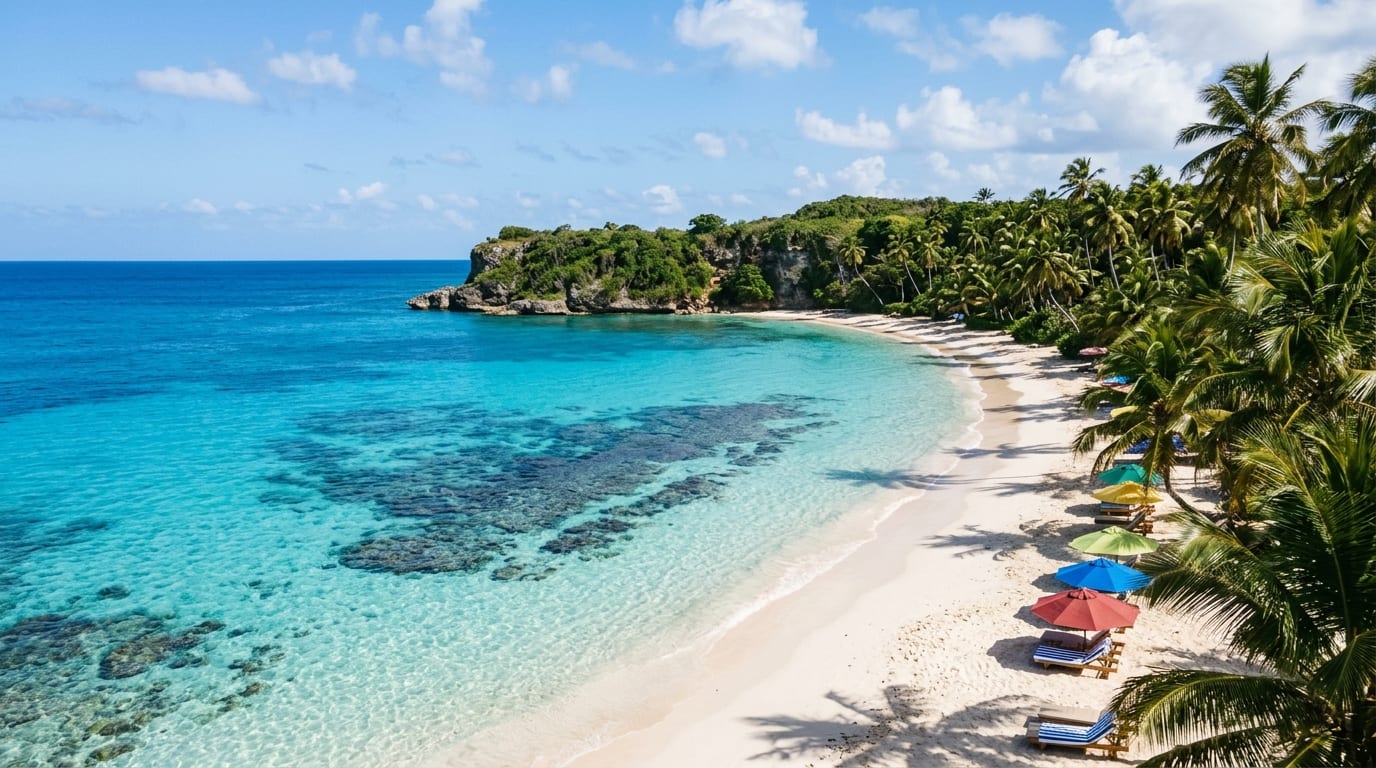 Crystal clear turquoise water and white sand at Radio Beach, North Bimini, with palm trees and beach umbrellas along the shore