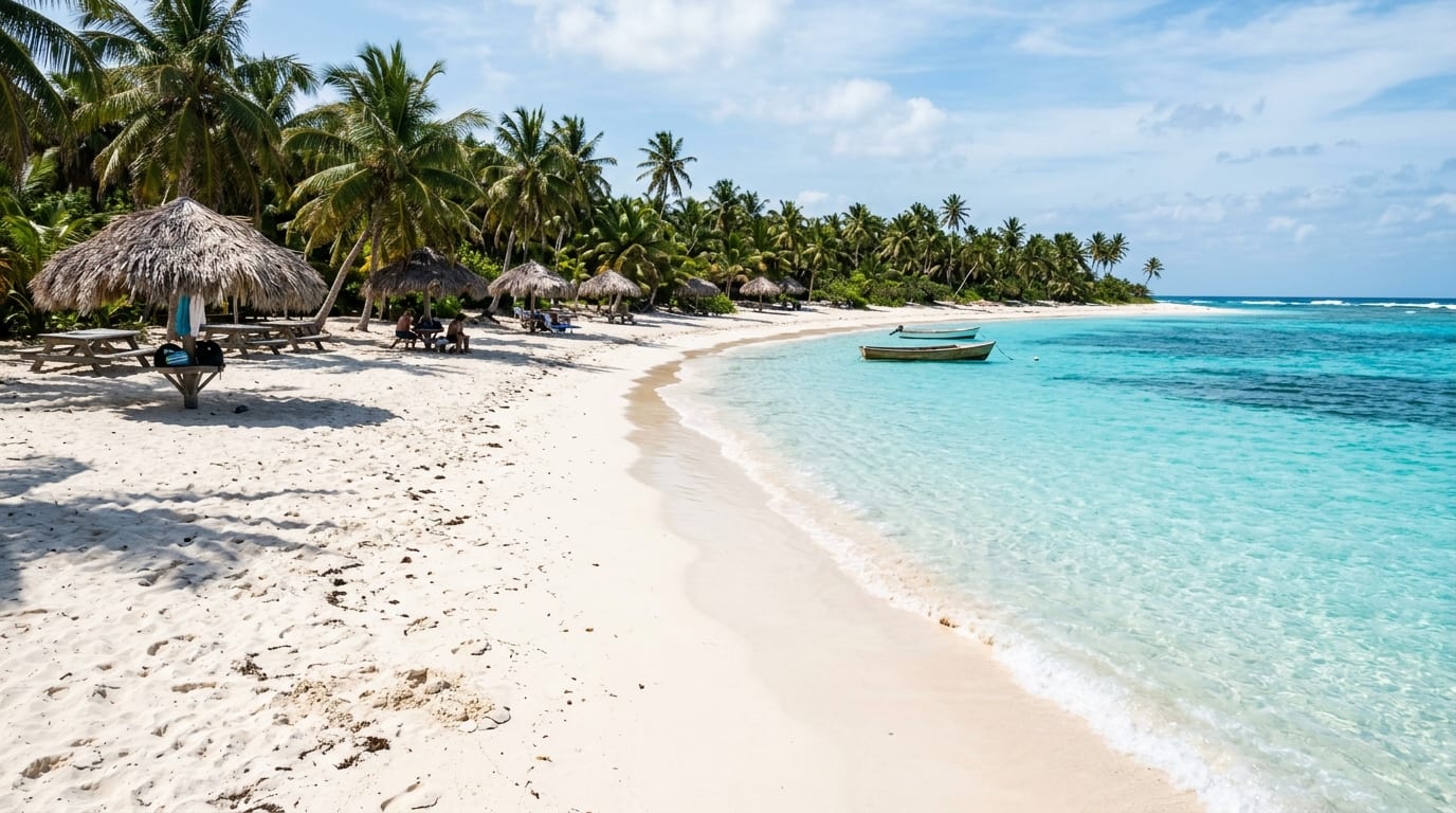 Calm turquoise Caribbean water at Rainbow Bay Beach with white sand and thatched shade structures along the shore