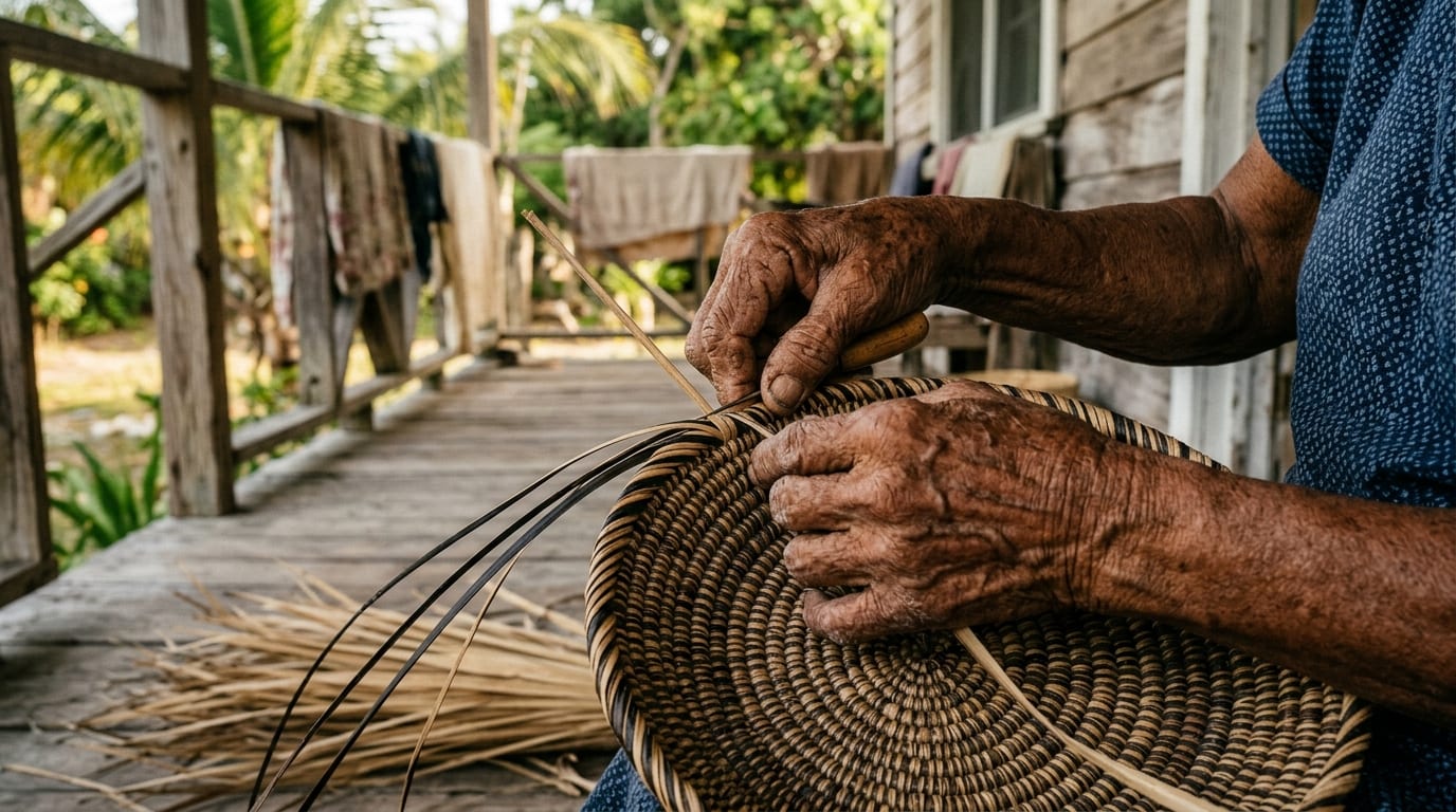 Traditional Bahamian artisan weaving a coiled basket from palm fronds in the settlement of Red Bays on Andros Island