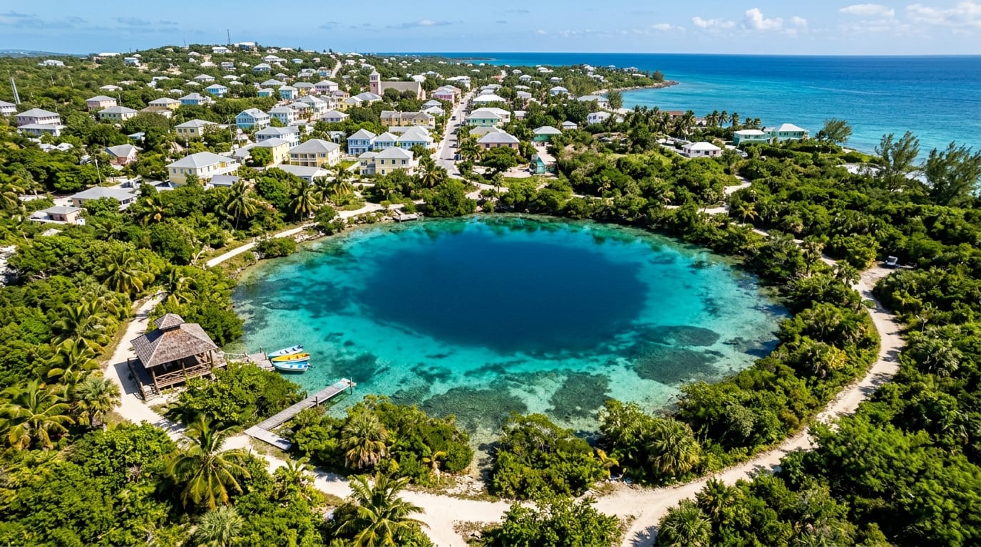 Aerial view of Ocean Hole, a circular inland blue hole surrounded by trees and walking paths in Rock Sound, Eleuthera