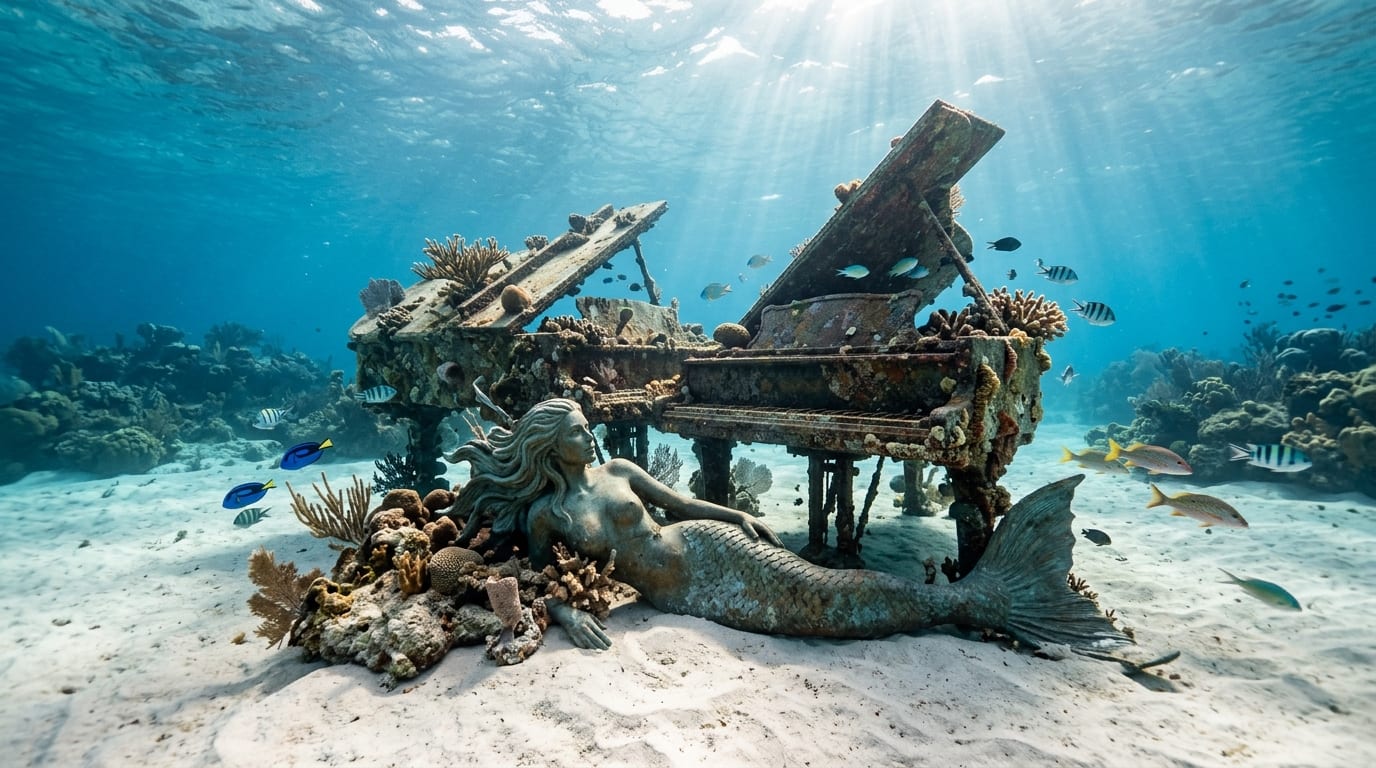 Underwater sculpture of mermaid and piano on sandy seafloor off Rudder Cut Cay Exuma