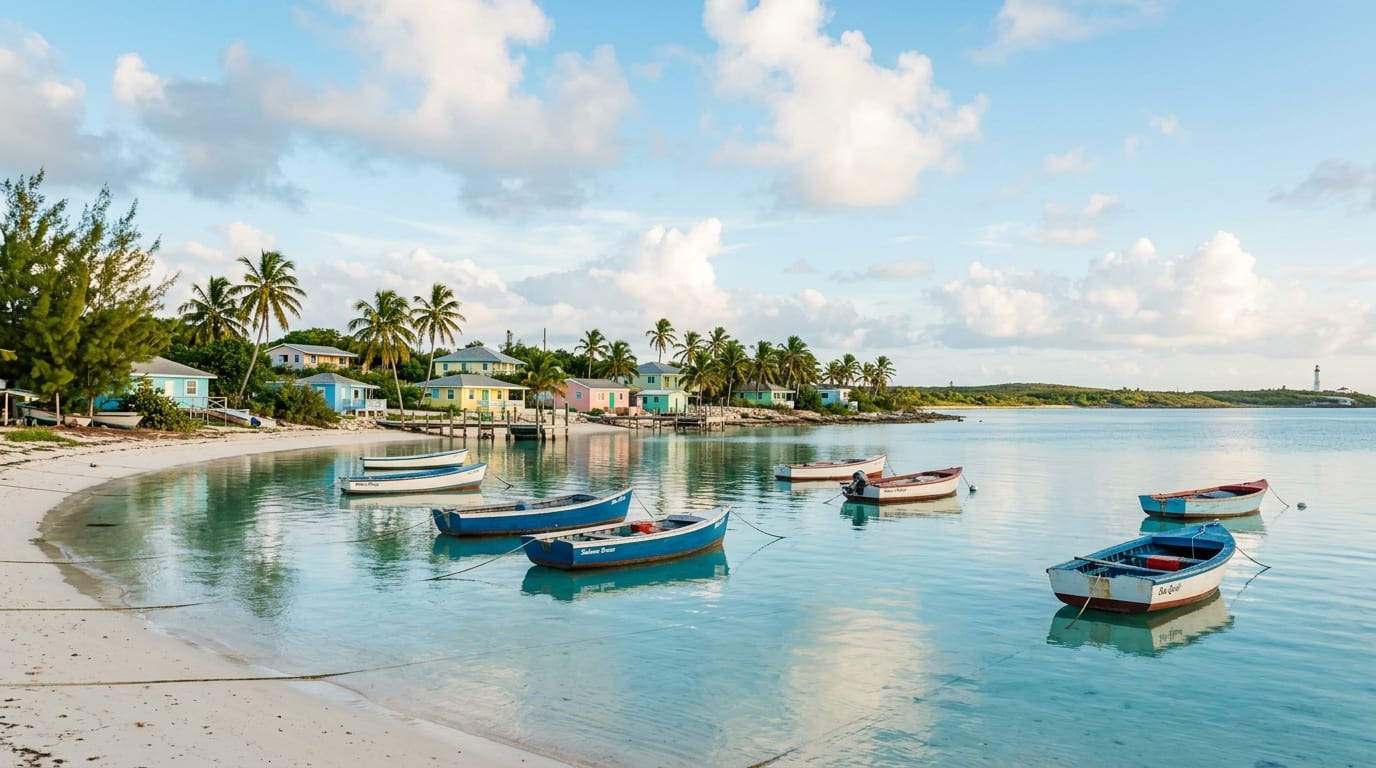 Traditional fishing boats anchored in calm Thompson Bay waters at Salt Pond Long Island Bahamas