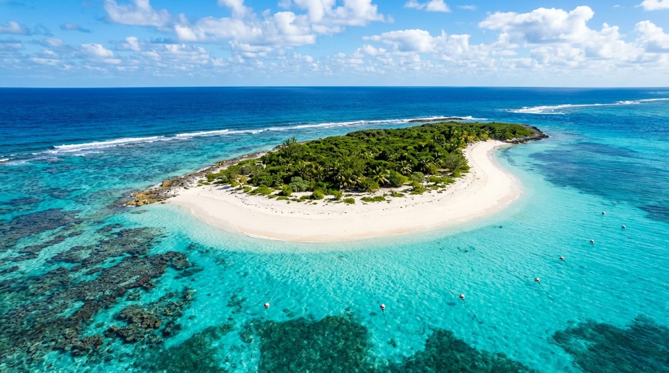 Aerial view of Sandy Cay in Pelican Cays Land and Sea Park, showing the small uninhabited island surrounded by turquoise waters and coral reef formations