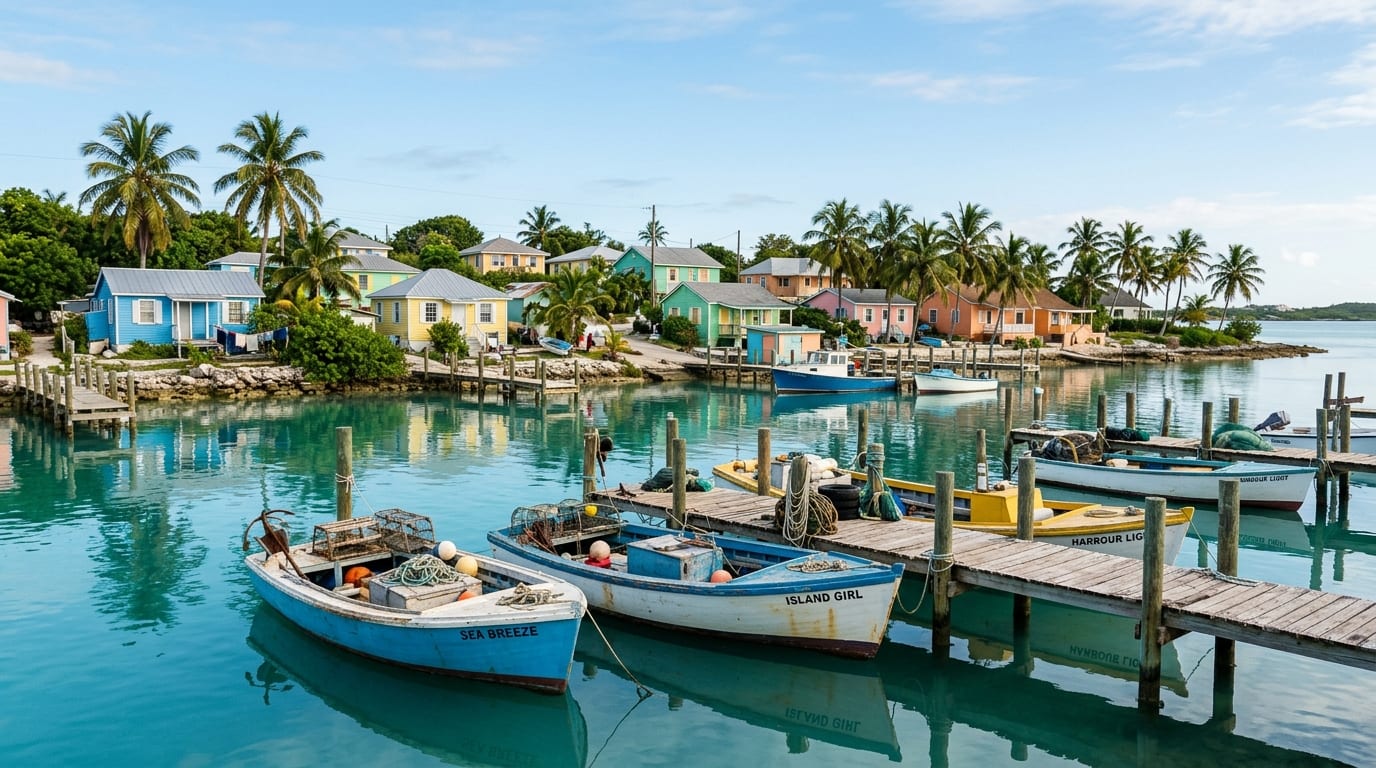Traditional Bahamian fishing boats moored in Sandy Point harbour with colorful village houses visible along the waterfront
