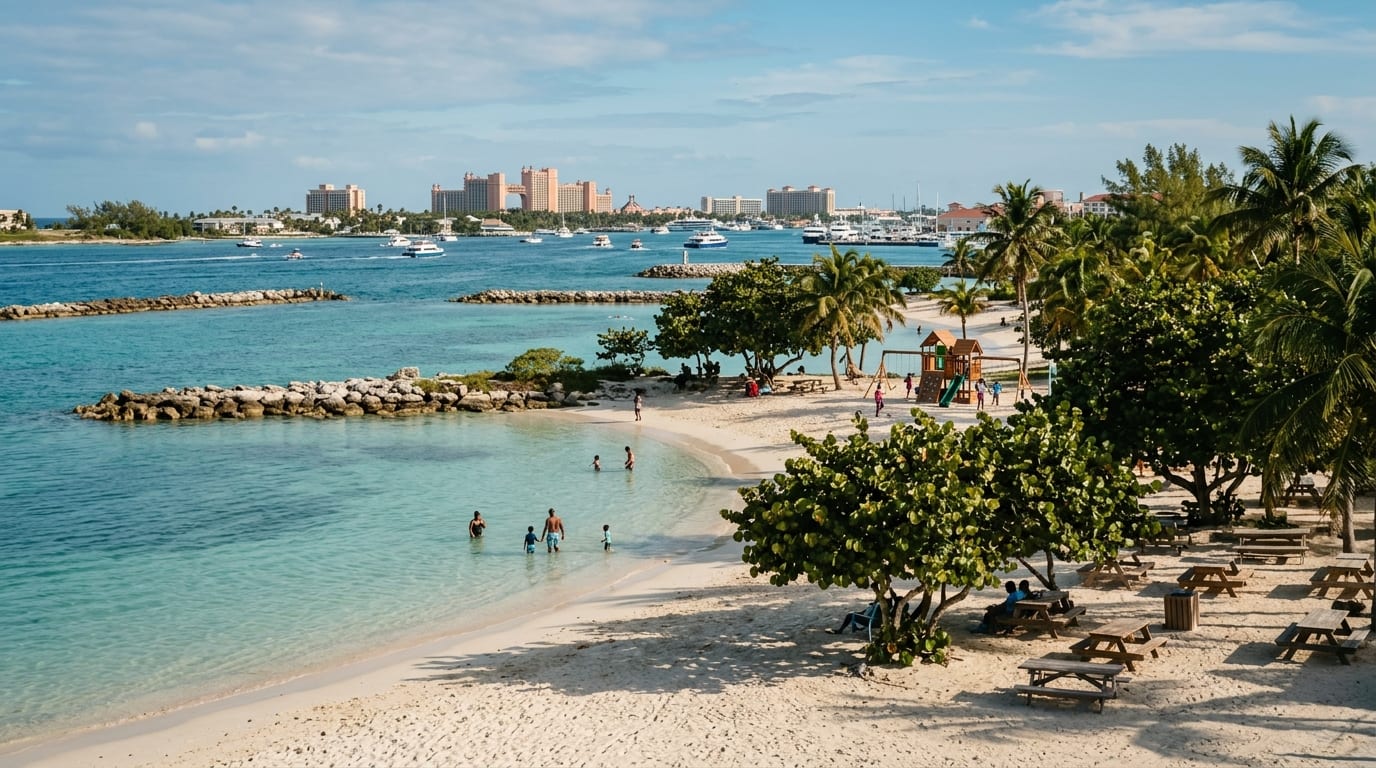 View of Saunders Beach showing calm protected waters, white sand, shade trees, and Nassau Harbour in the background