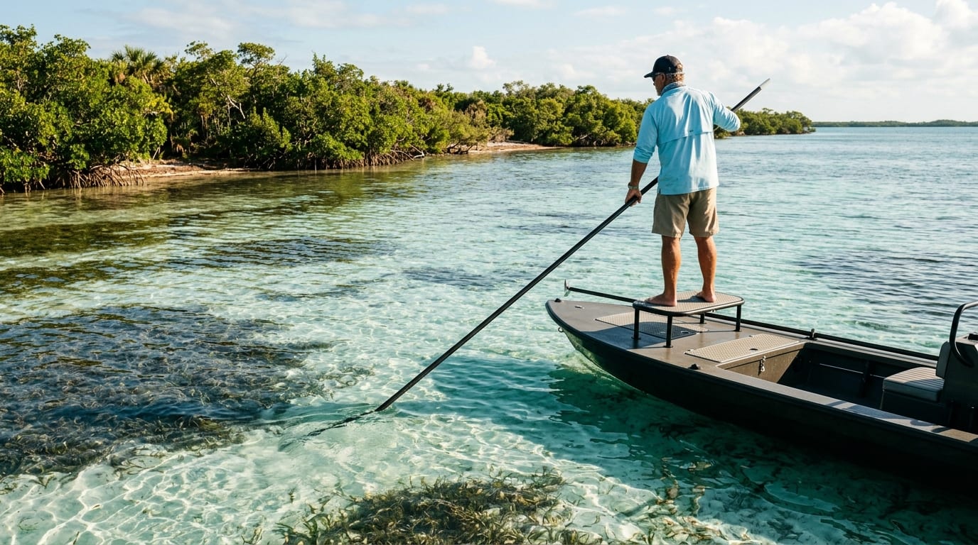 Bonefishing guide poling a flats skiff through crystal-clear shallow water near Savannah Sound, Eleuthera