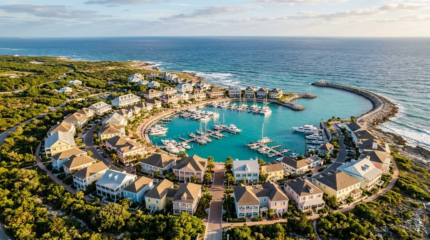 Aerial view of Schooner Bay village showing the protected harbour with marina slips surrounded by pastel-colored Bahamian style buildings