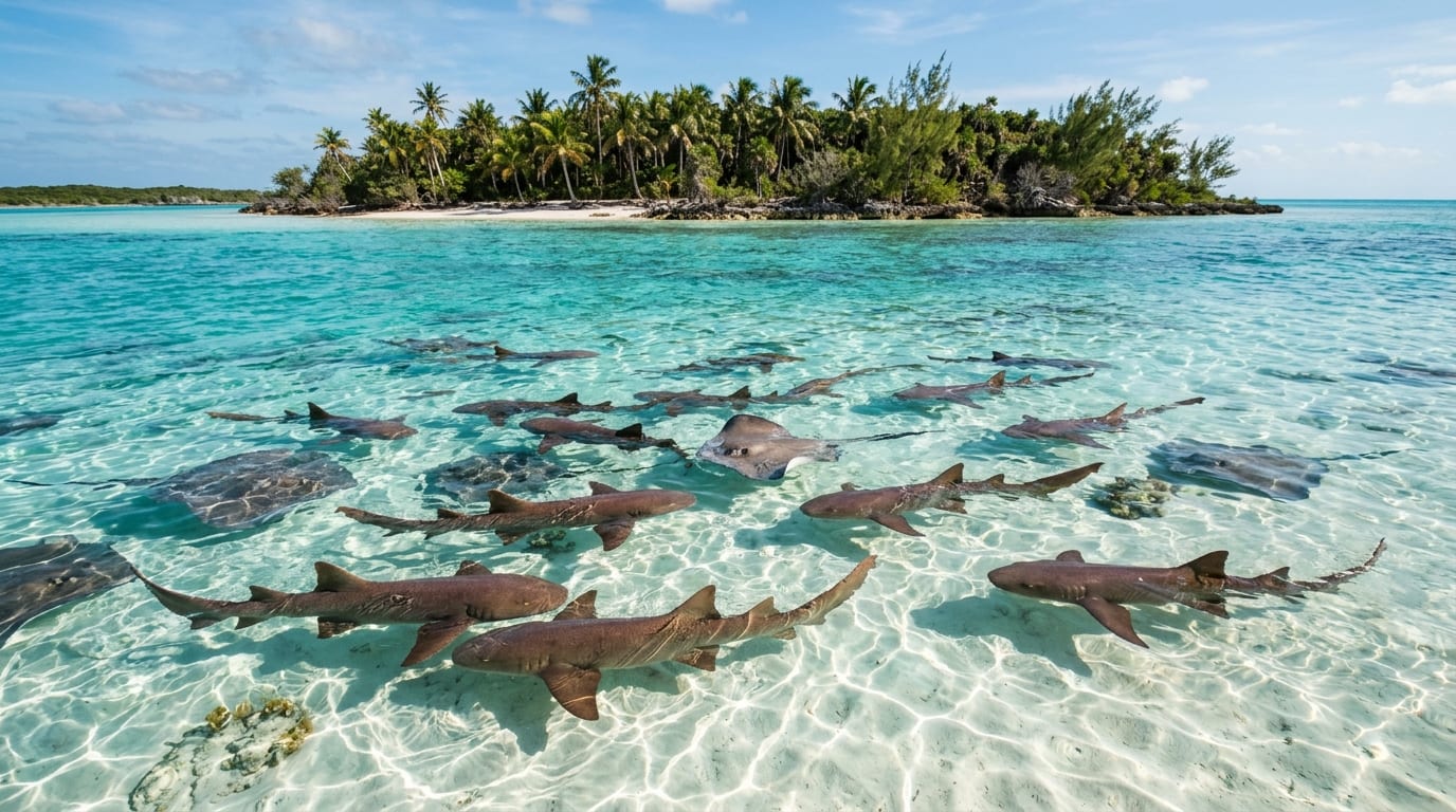 Nurse sharks and stingrays in crystal-clear shallow water at Ship Channel Cay Exuma