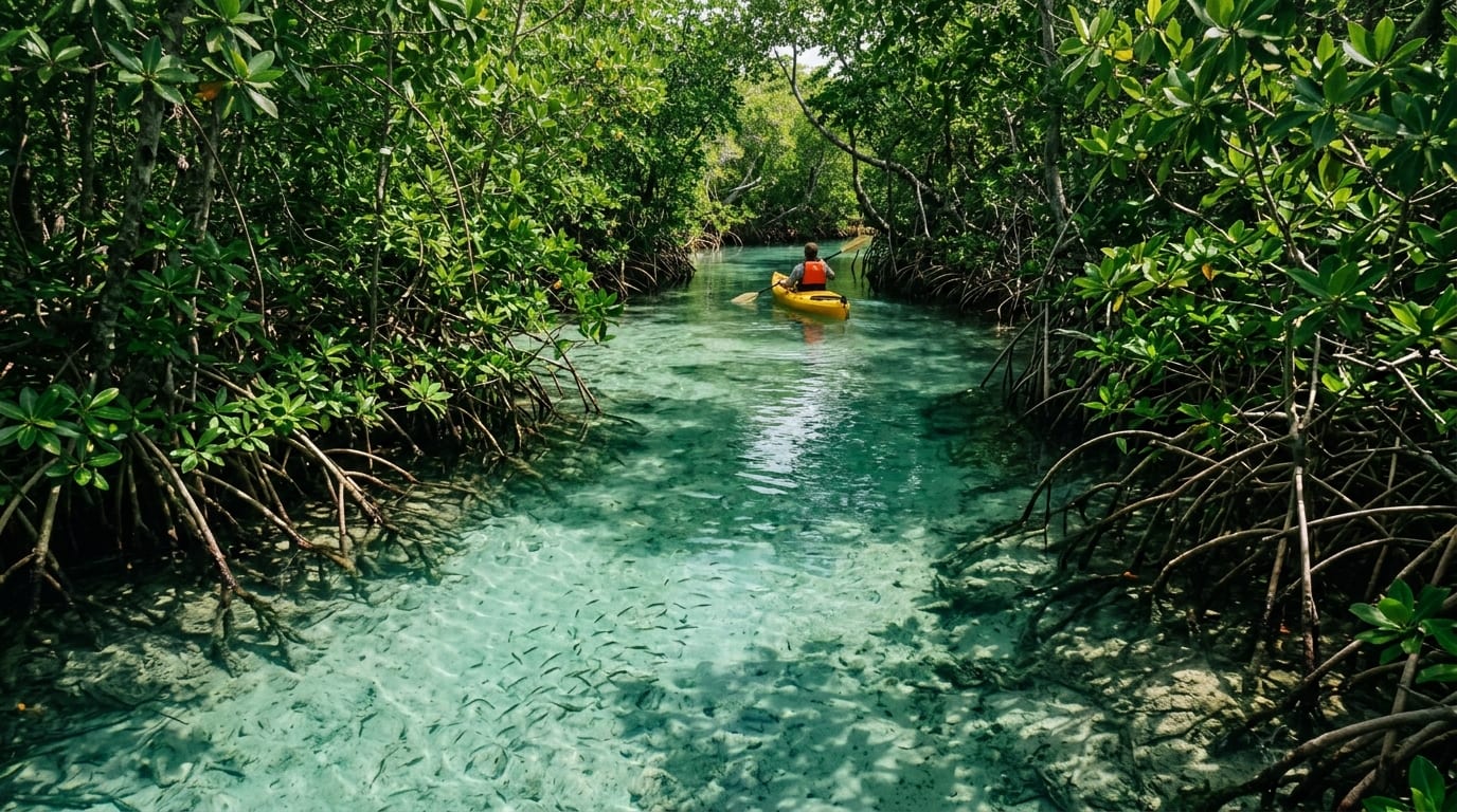 Kayaker paddling through a narrow mangrove creek at Shroud Cay with crystal-clear water and lush green mangrove walls on either side