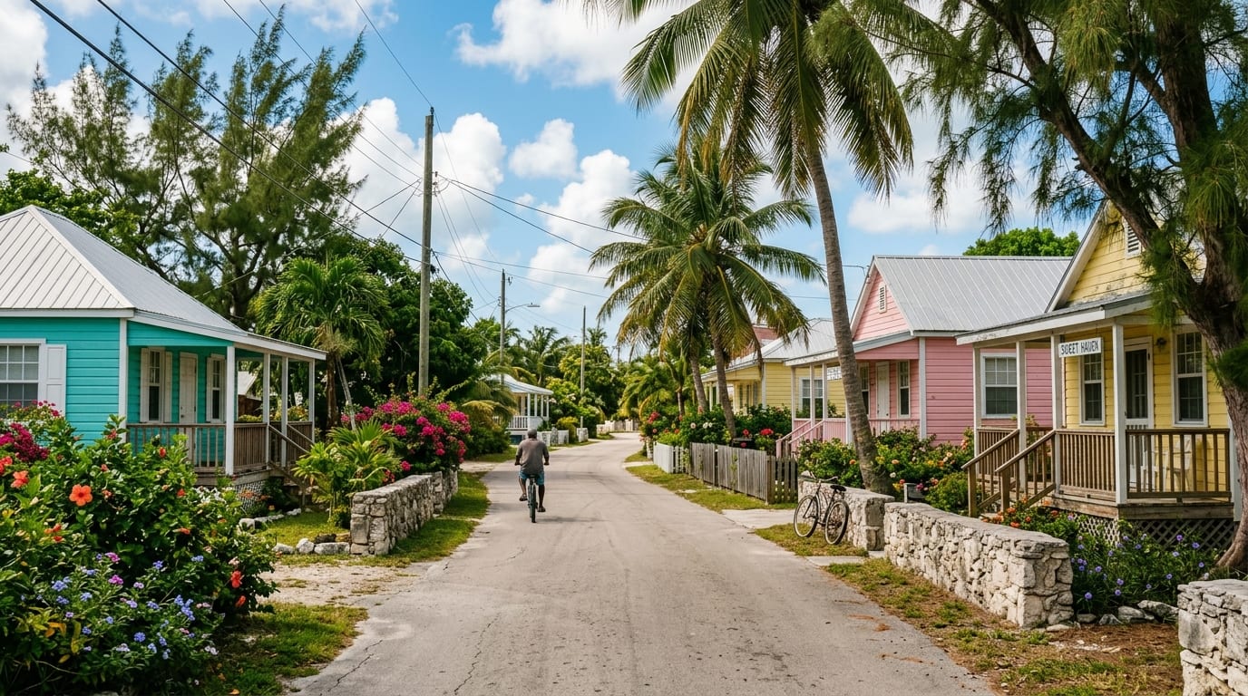 Quiet road through Simms settlement on Long Island Bahamas with traditional Bahamian homes and palm trees