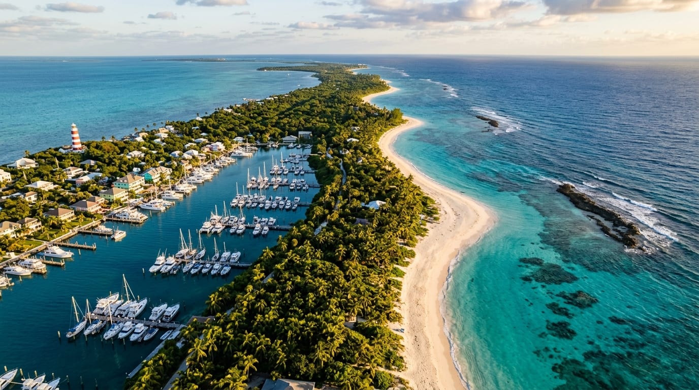 Aerial view of Spanish Cay showing the marina basin, turquoise shallows, and palm-lined beaches stretching along the narrow island in the Northern Abacos