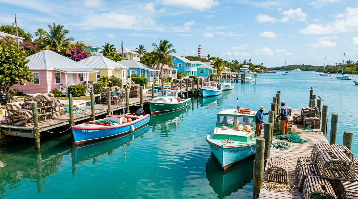 Colourful lobster boats moored in the calm harbour of Spanish Wells, Bahamas, with pastel houses lining the waterfront