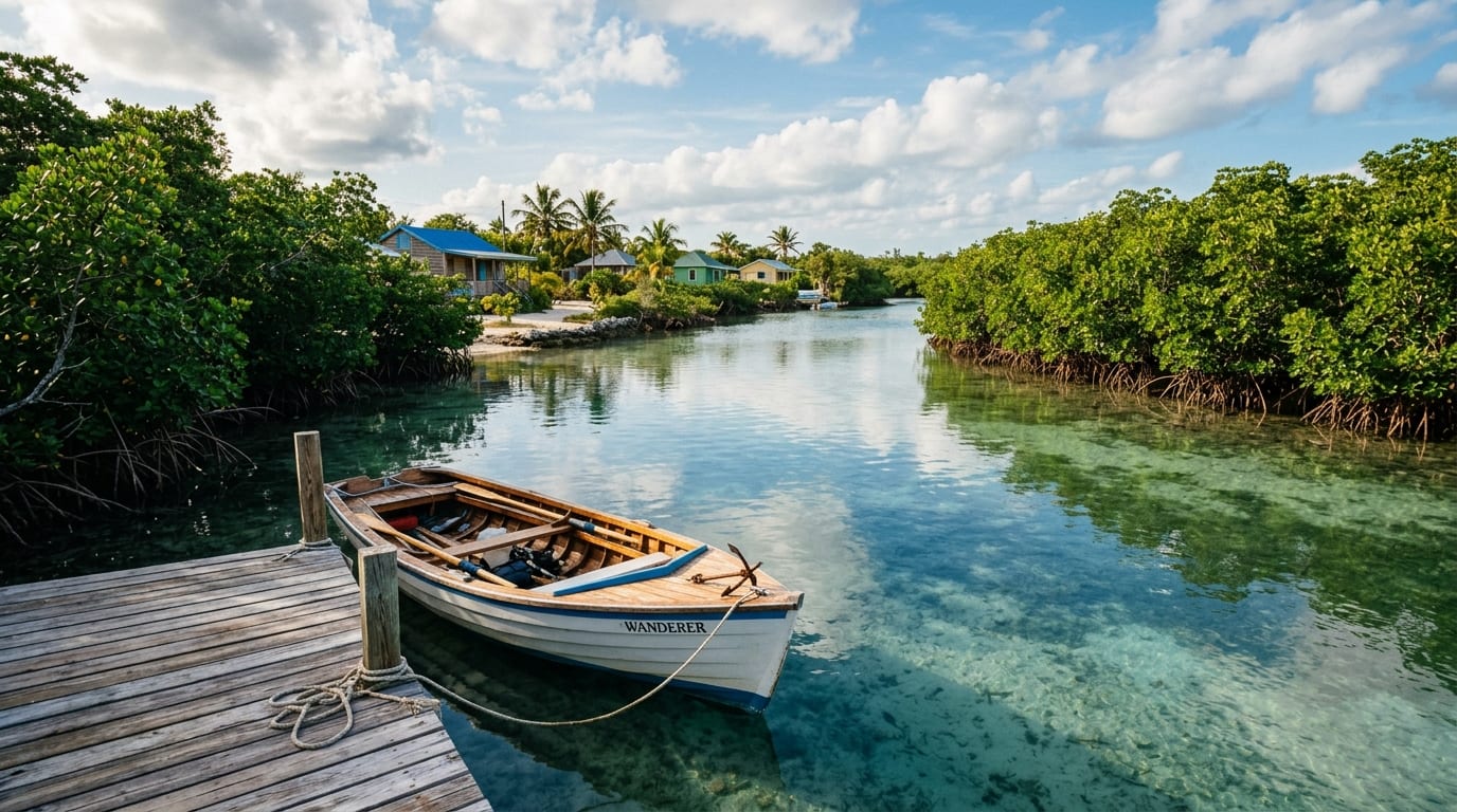A tidal creek winding through mangroves near Stafford Creek with a traditional Bahamian fishing skiff at rest