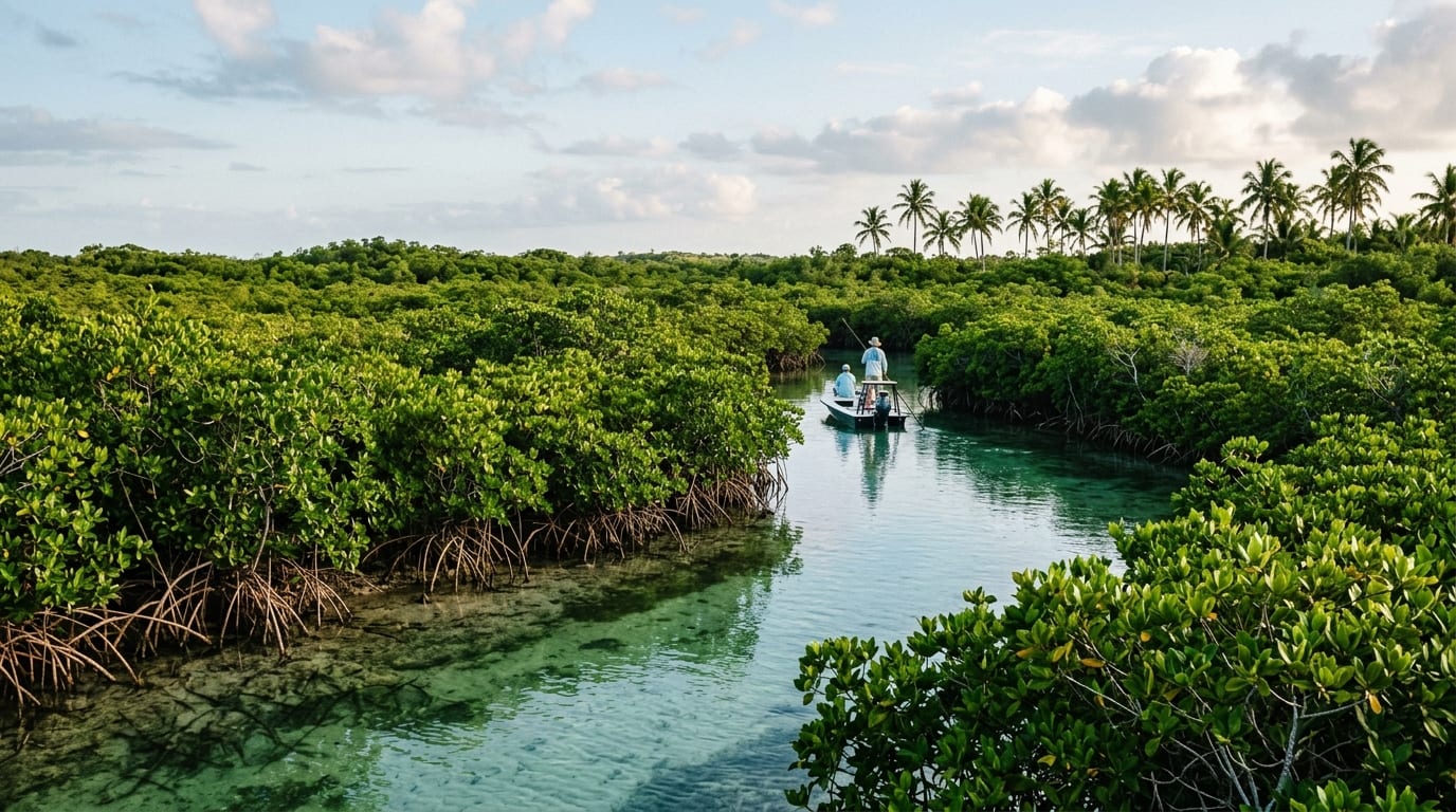 Tidal creek winding through mangroves near Staniard Creek with a flats skiff visible in the distance