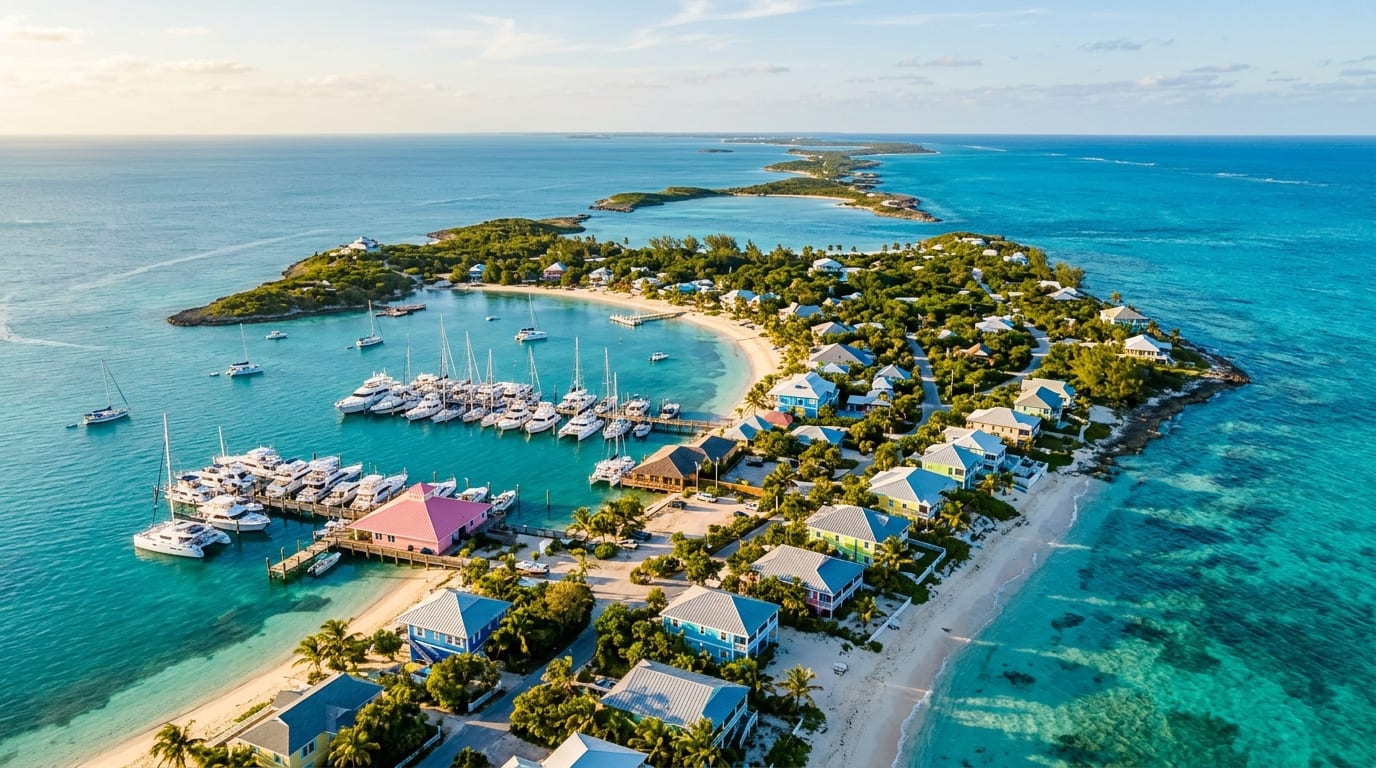 Aerial view of Staniel Cay showing the yacht club marina, turquoise shallows, and scattered islands of the Exuma Cays stretching to the horizon