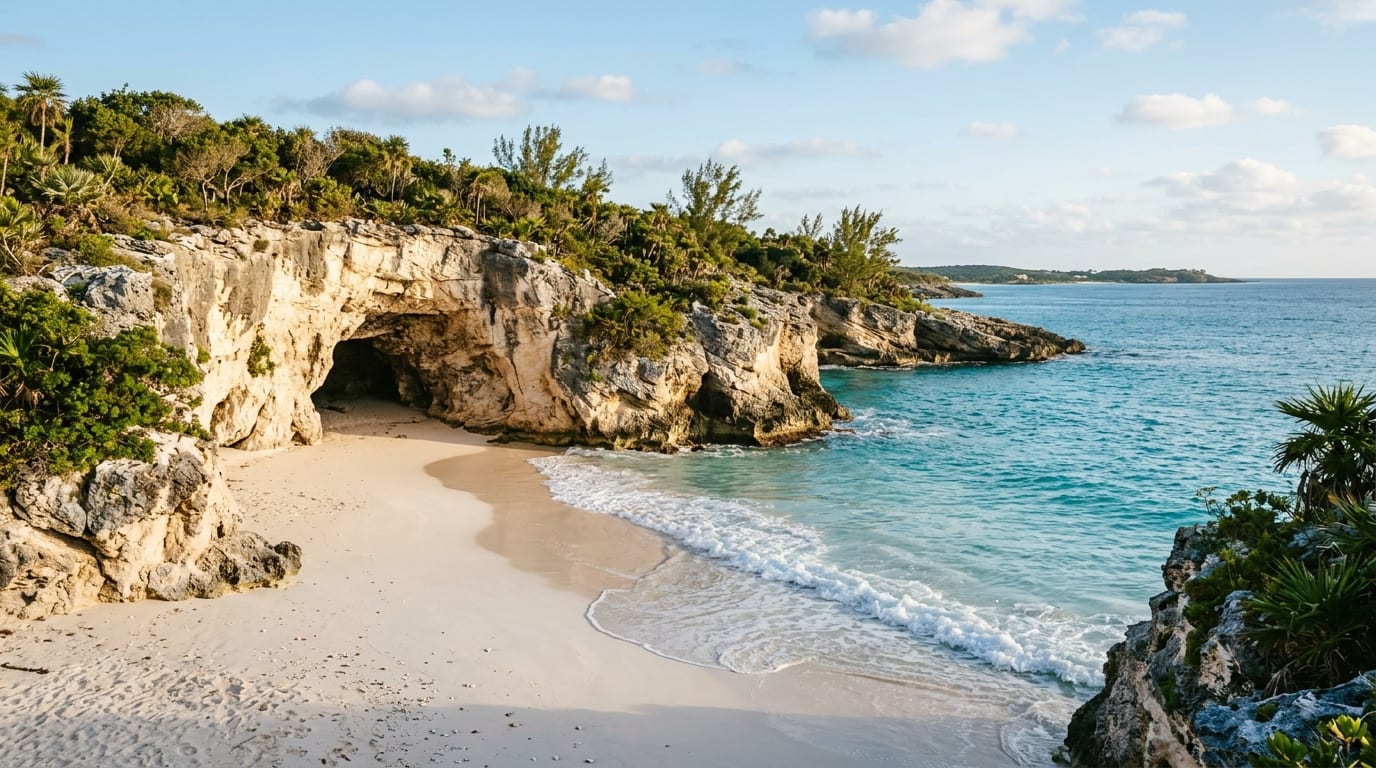 Limestone cliffs and sandy coves of Sugar Beach on Great Harbour Cay in the Berry Islands Bahamas