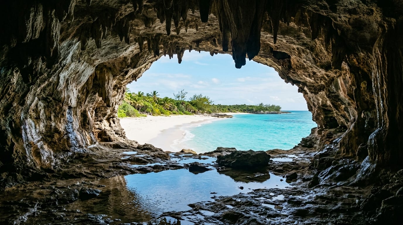 Limestone sea cave entrance at Sugar Beach on Great Harbour Cay with turquoise water visible through opening
