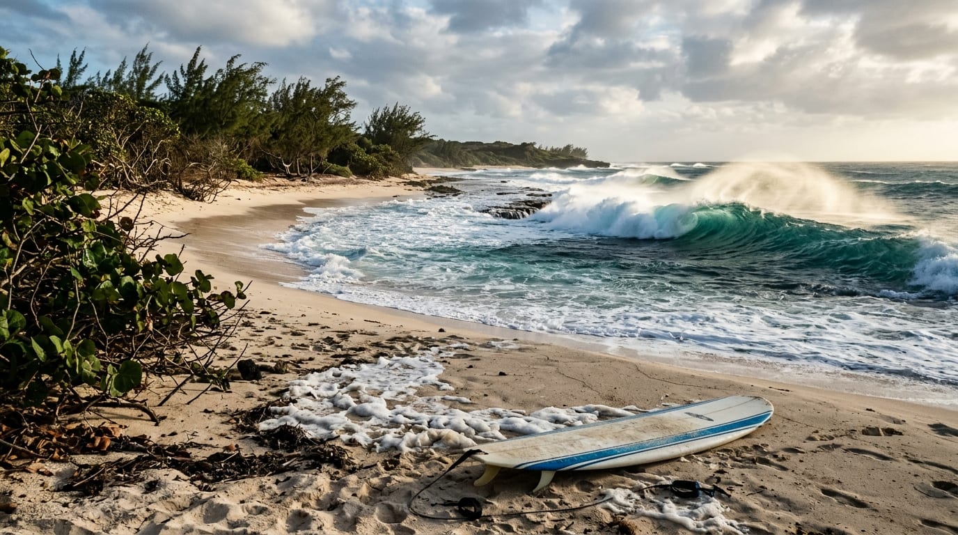 Atlantic waves breaking over the reef at Surfer's Beach with a surfer riding a clean right-hand wave and wild Eleuthera coastline in the background