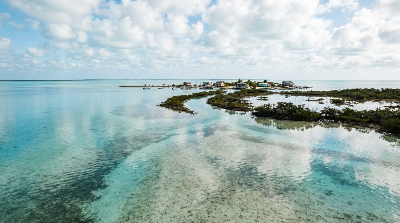 Shallow turquoise bonefishing flats stretching to the horizon around Sweeting's Cay with small settlement visible