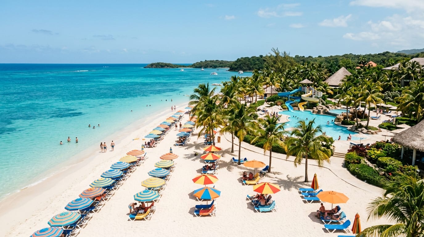 White sand beach and turquoise water at Taino Beach, Grand Bahama, with resort pool complex and palm trees visible in the background