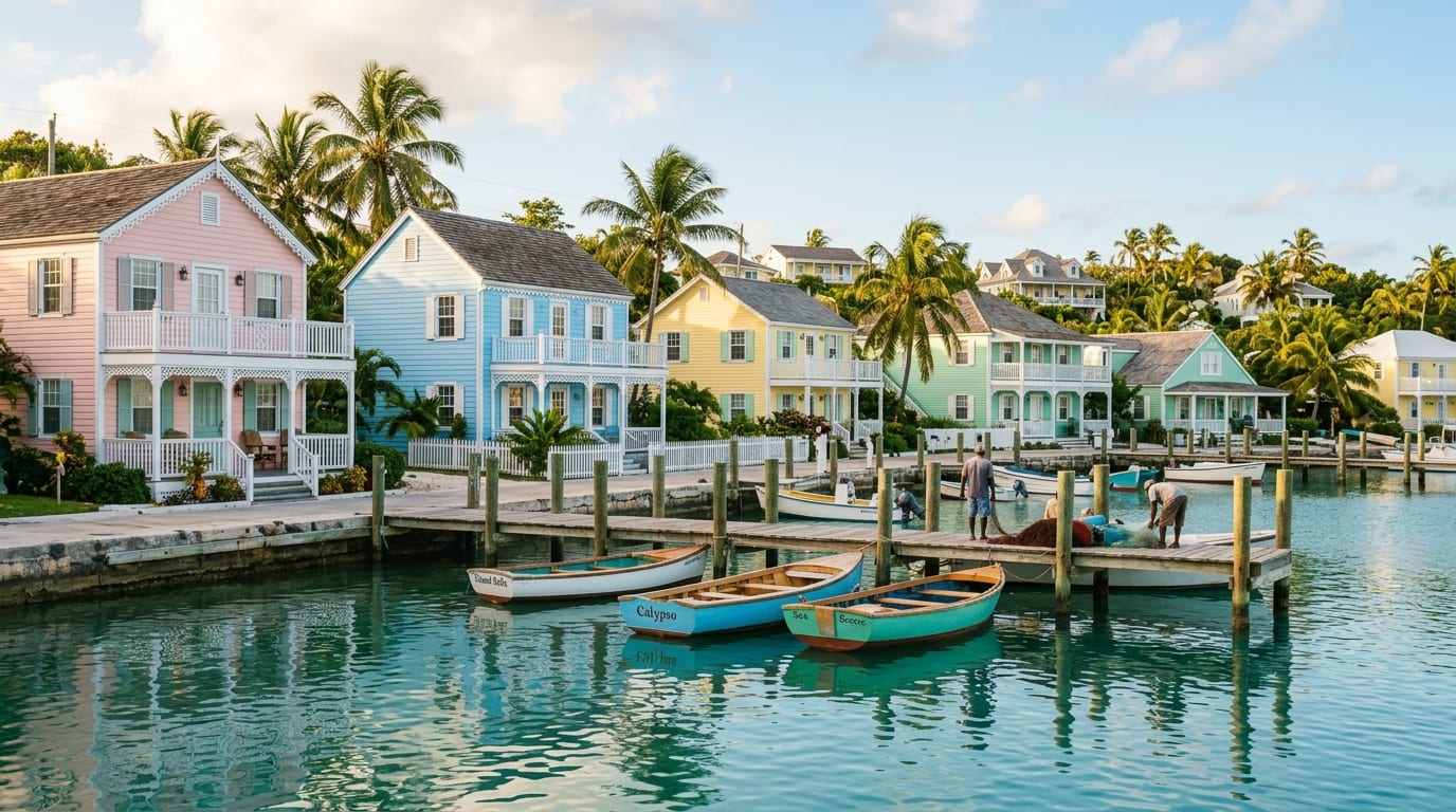 Pastel gingerbread houses lining the waterfront of Tarpum Bay, Eleuthera, with calm harbor waters and small fishing boats