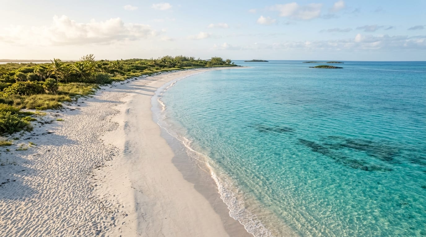 Crystal-clear turquoise water meeting powder-white sand at Ten Bay Beach with gentle waves and a pristine undeveloped shoreline stretching into the distance
