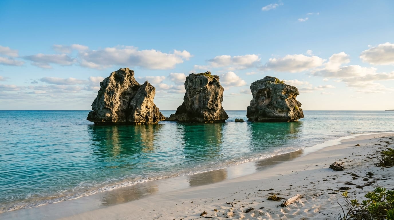 Three dramatic rock formations rising from turquoise water offshore with white sand beach in the foreground