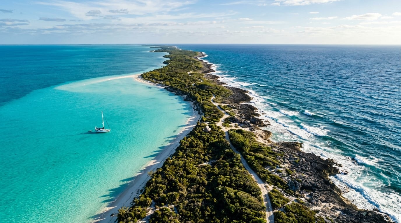Aerial view of Tilloo Cay showing the narrow barrier island with turquoise shallows of Tilloo Bank on the western side and the wild Atlantic coastline on the east