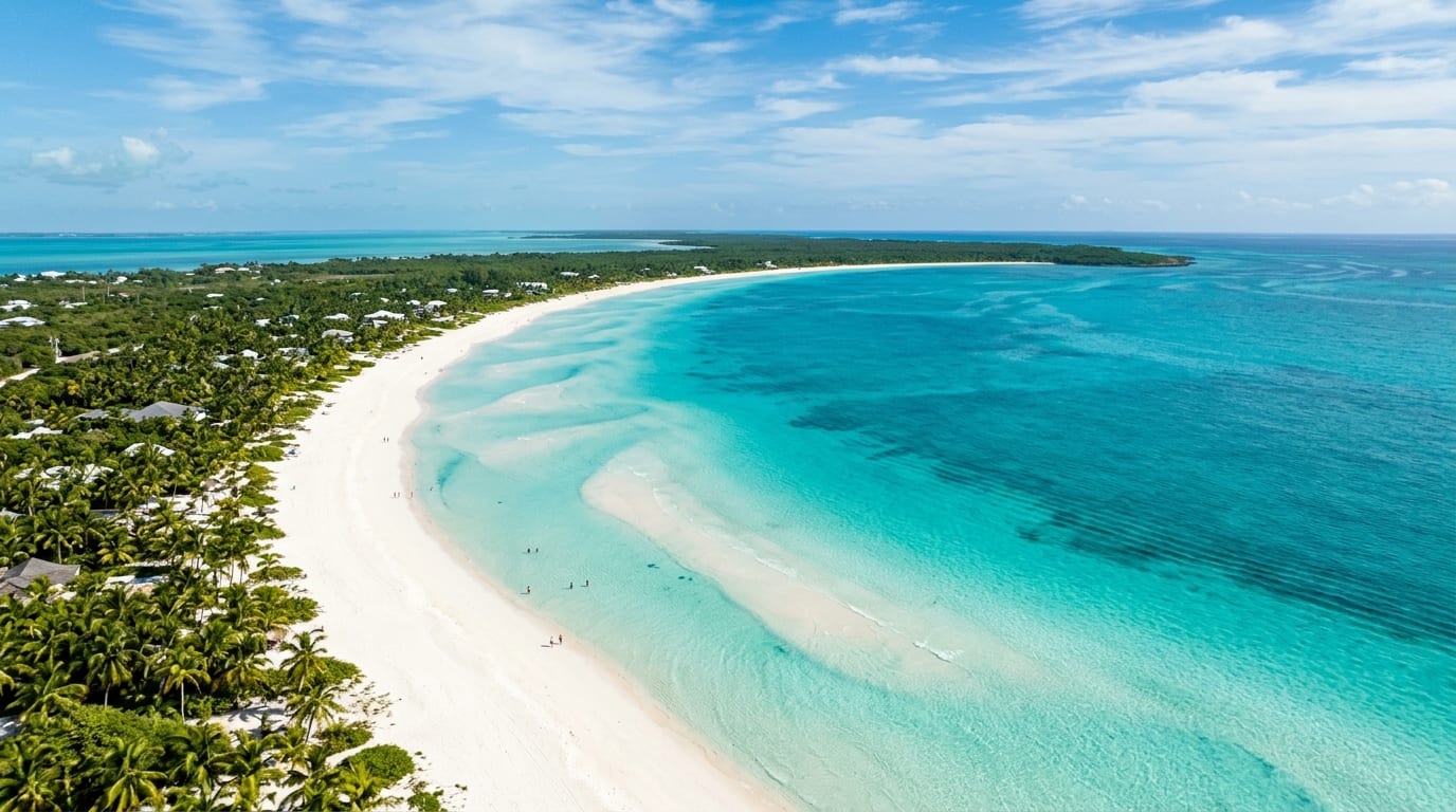 Aerial view of Treasure Cay Beach showing the long curve of white sand meeting shallow turquoise water along Great Abaco Island