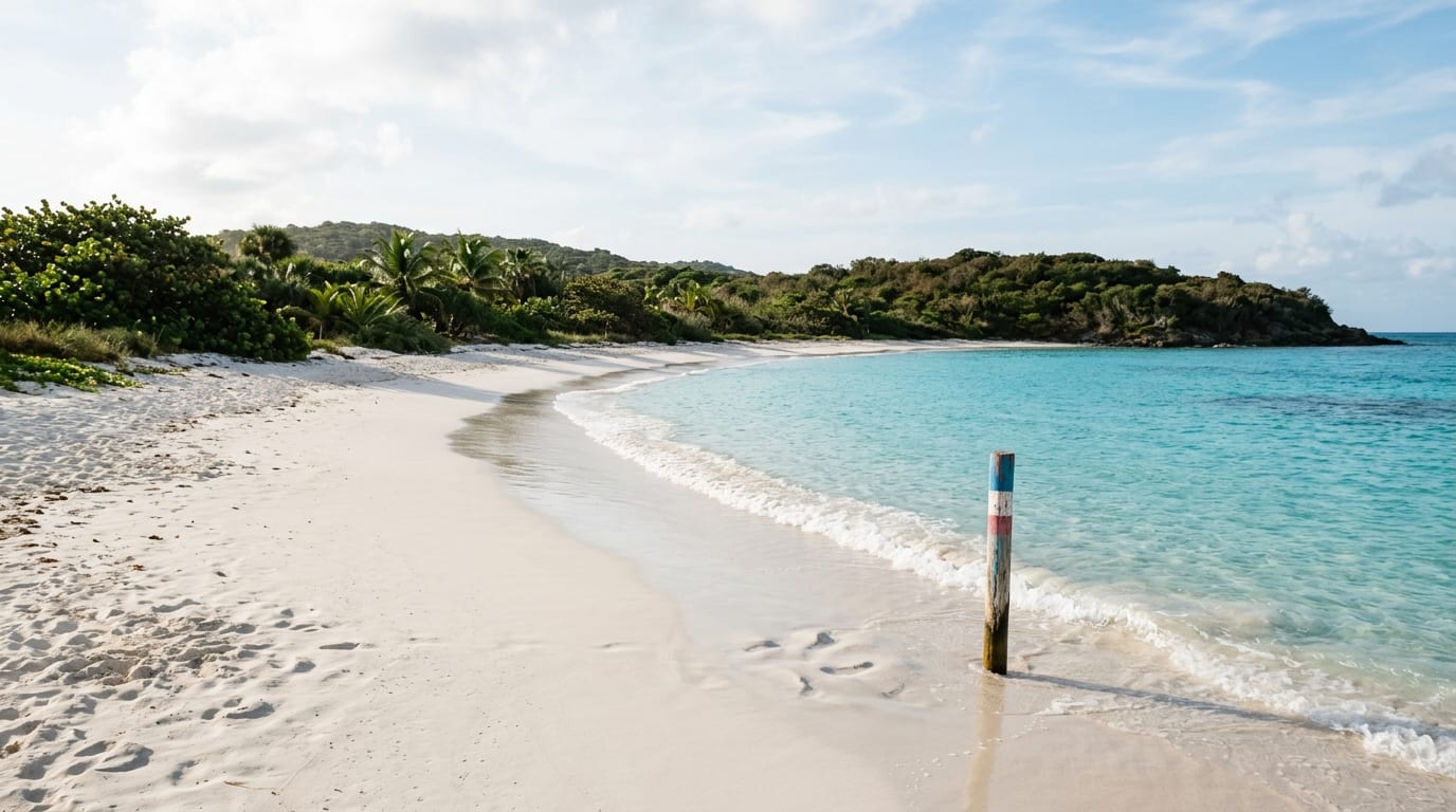 Pristine white sand beach curving along crystal-clear turquoise water at Tropic of Cancer Beach on Little Exuma with no development visible
