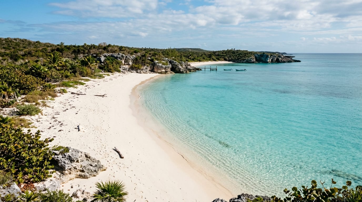 White sand beach curving around calm turquoise bay at Turtle Cove Long Island Bahamas