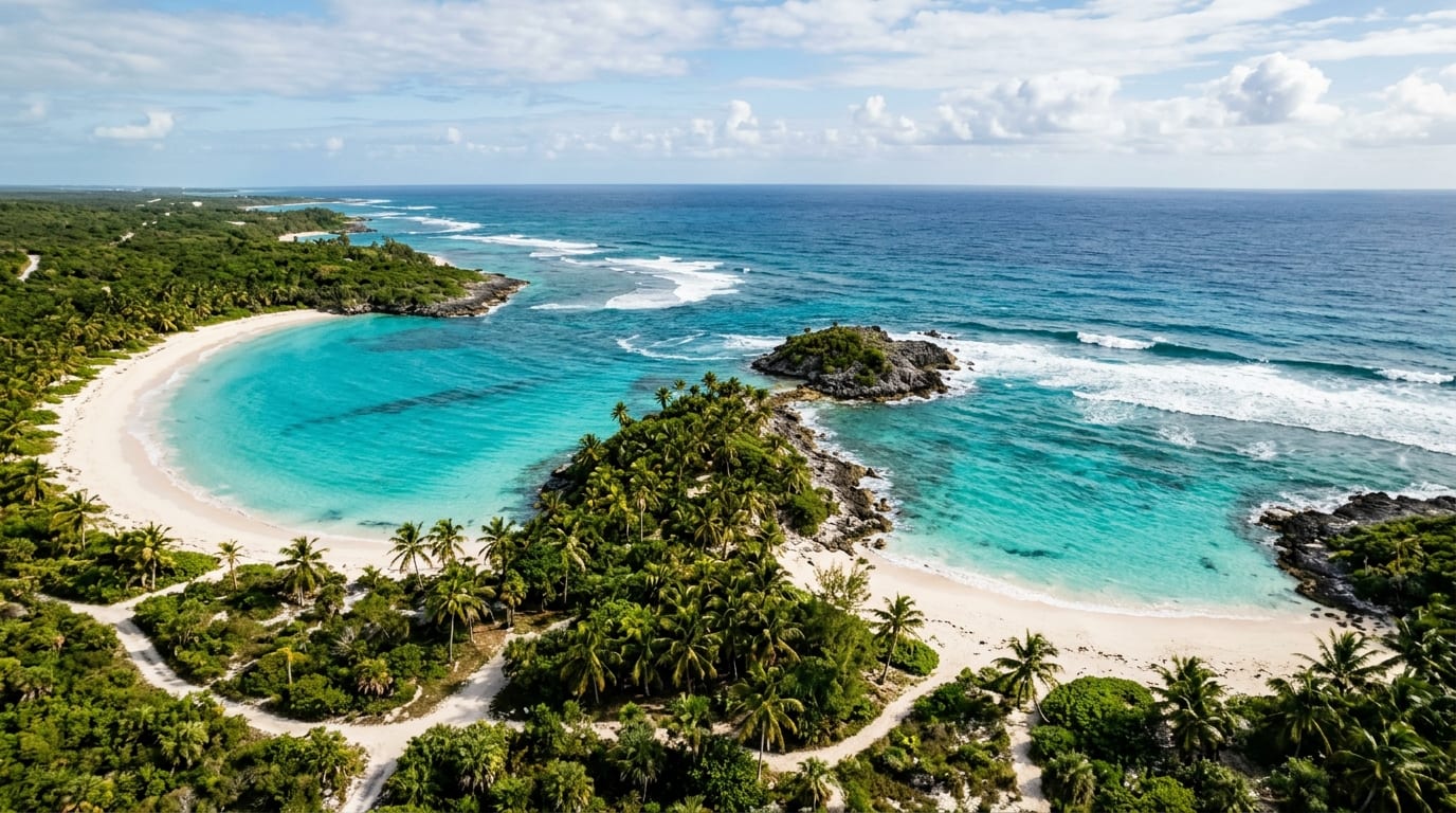 Aerial view of Twin Coves Beach showing two turquoise coves separated by a palm-covered isthmus on Eleuthera's Atlantic coast